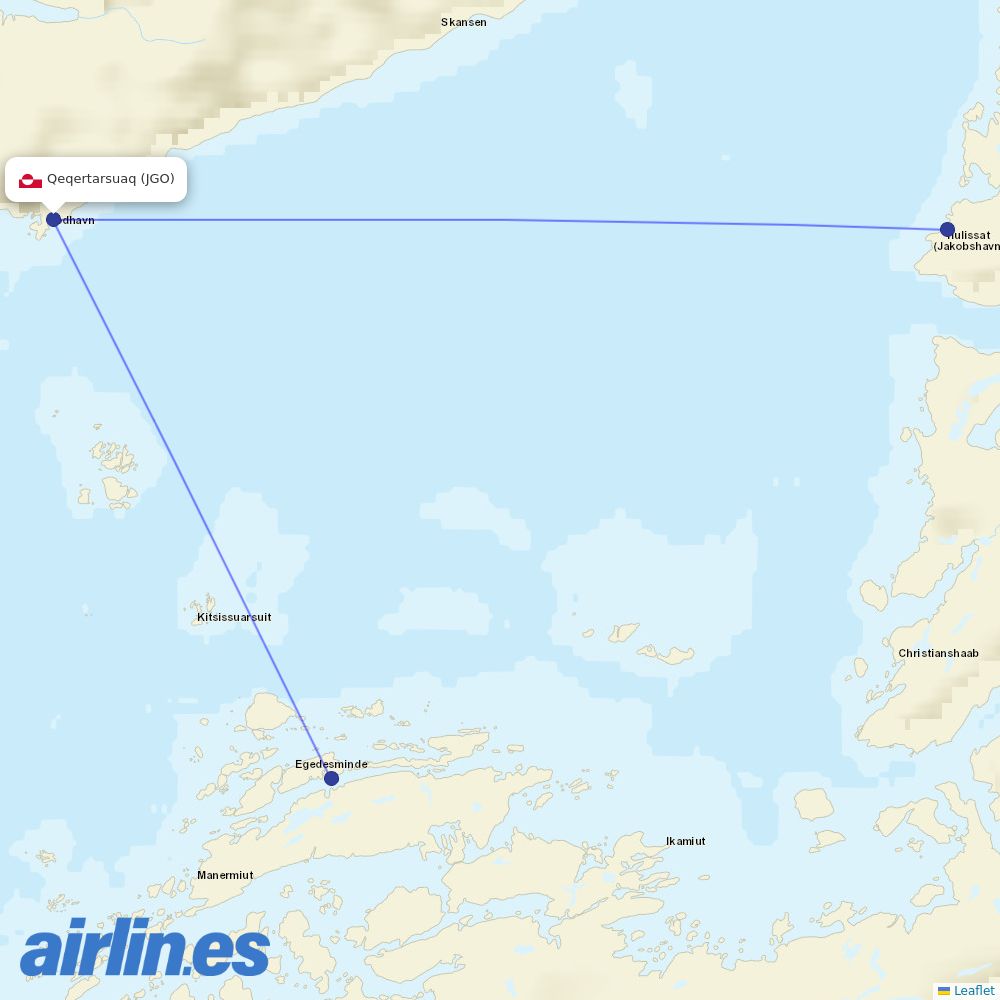 Air Greenland from Qeqertarsuaq Heliport destination map