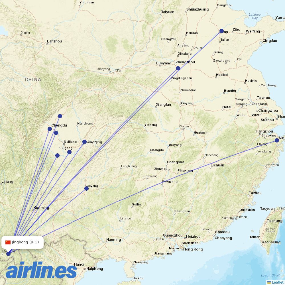 Sichuan Airlines from Xishuangbanna Gasa International Airport destination map