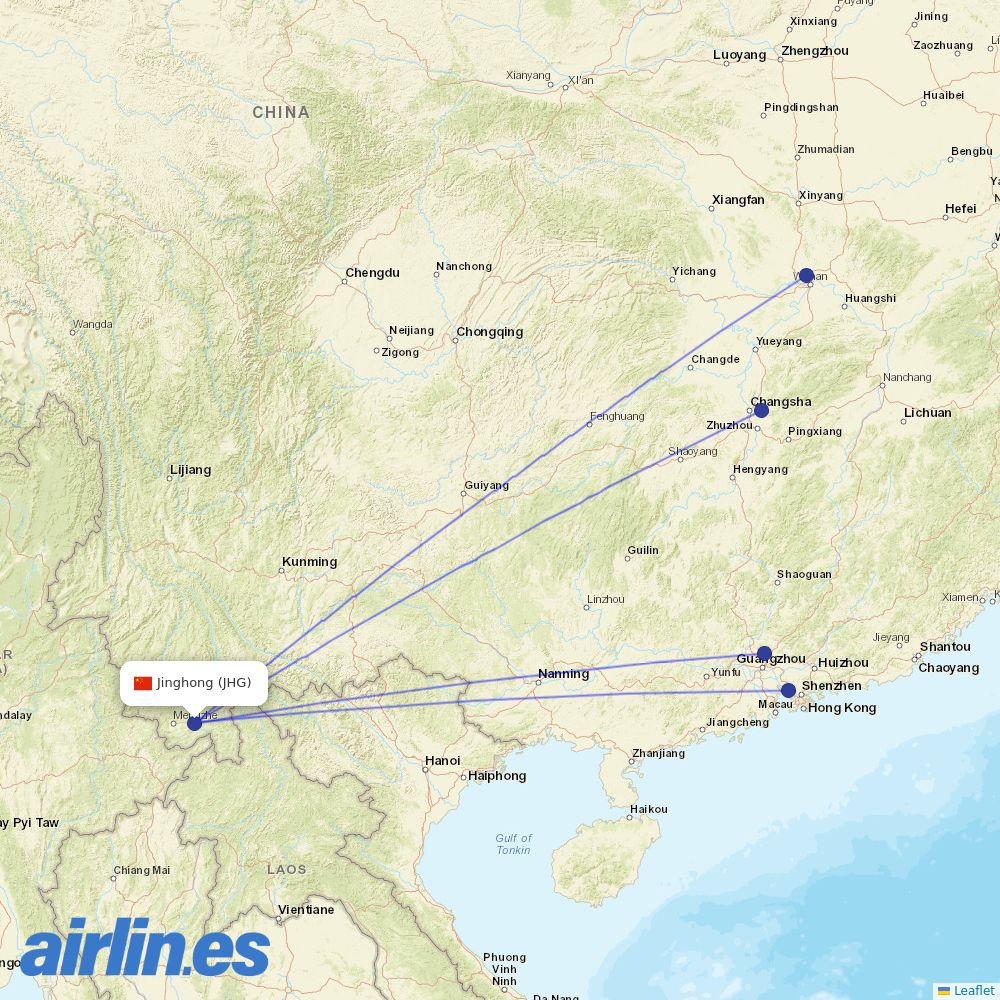 China Southern Airlines from Xishuangbanna Gasa International Airport destination map