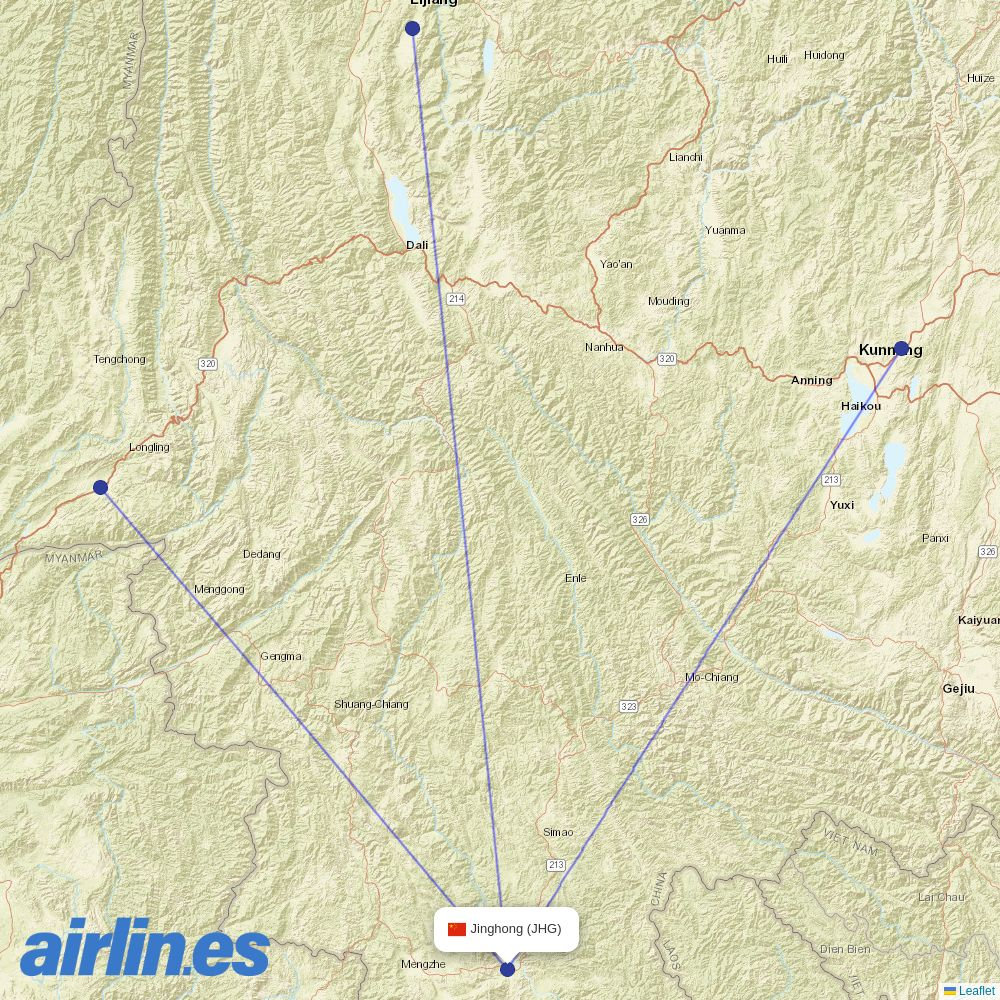 Ruili Airlines at JHG route map