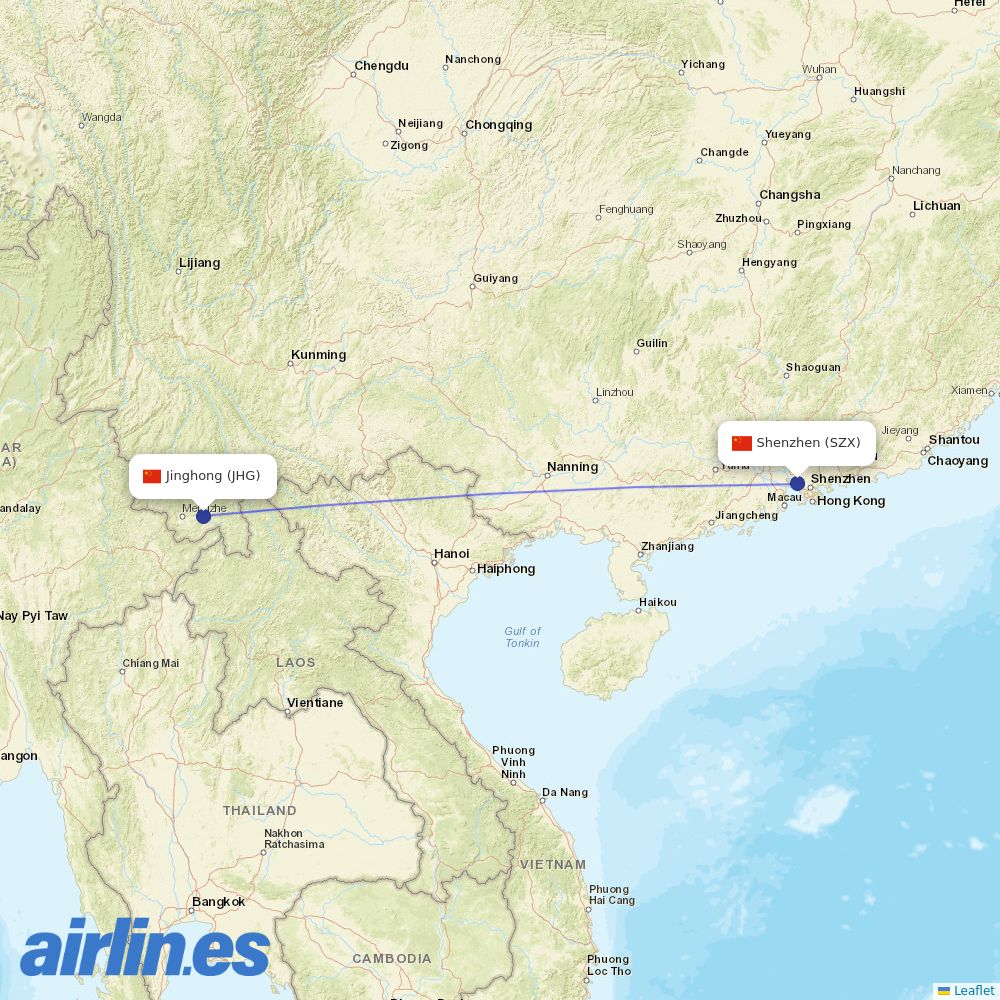 Donghai Airlines from Xishuangbanna Gasa International Airport destination map