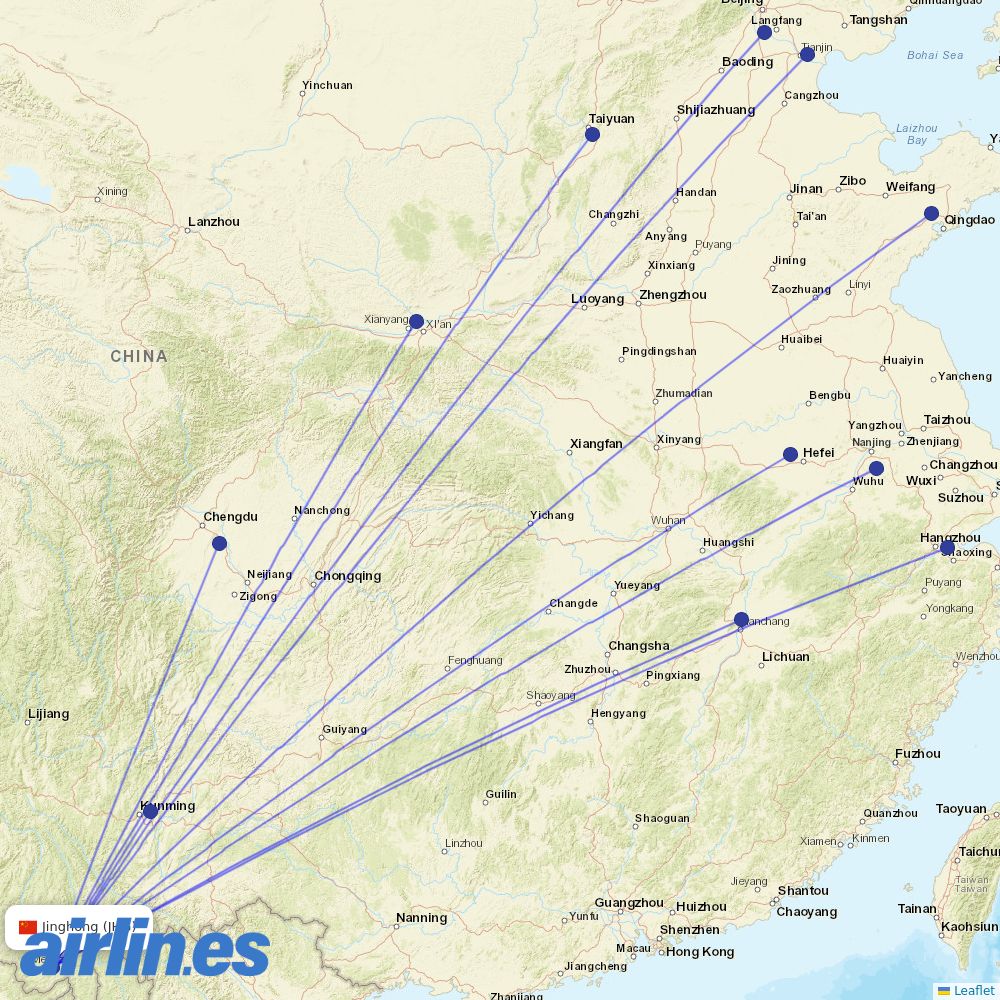 China Eastern Airlines from Xishuangbanna Gasa International Airport destination map