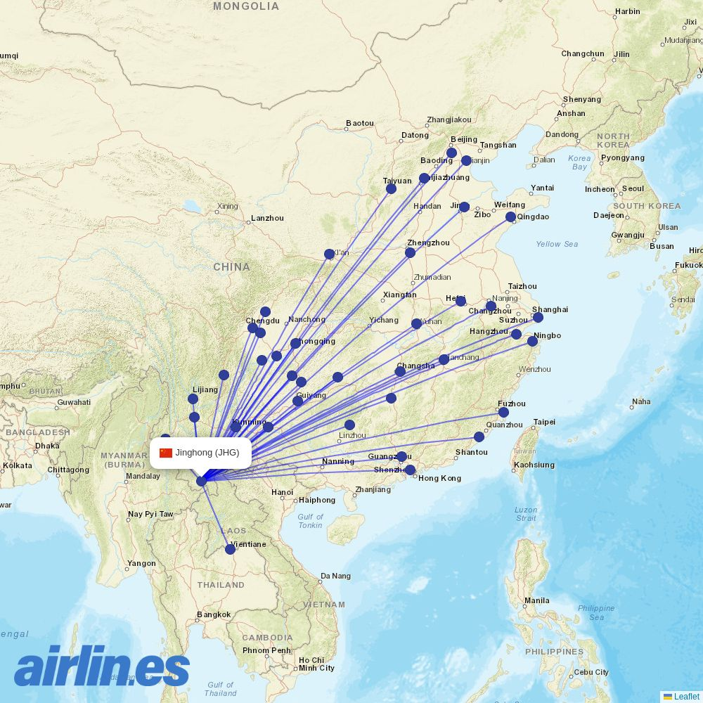 Qingdao Airlines at JHG route map