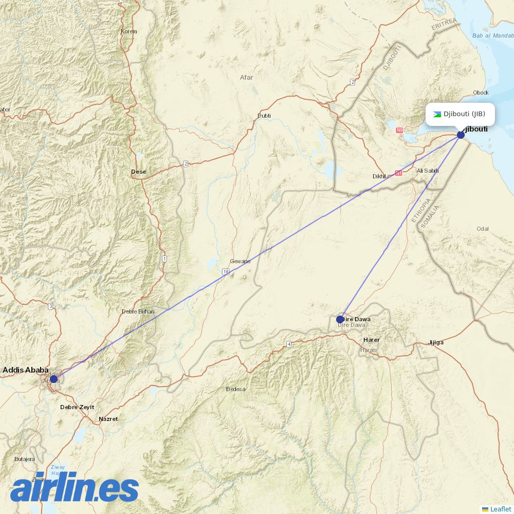 Ethiopian Airlines from Ambouli International Airport destination map
