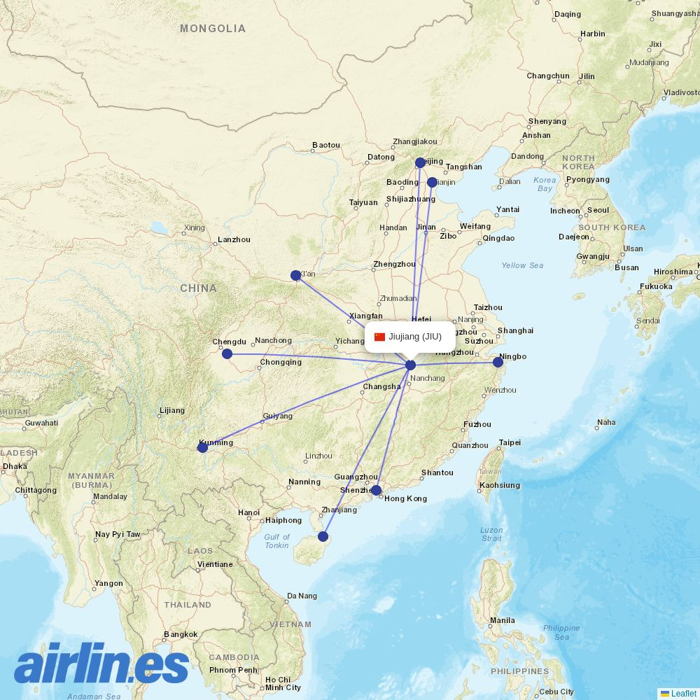 Hainan Airlines from Jiujiang Lushan Airport destination map