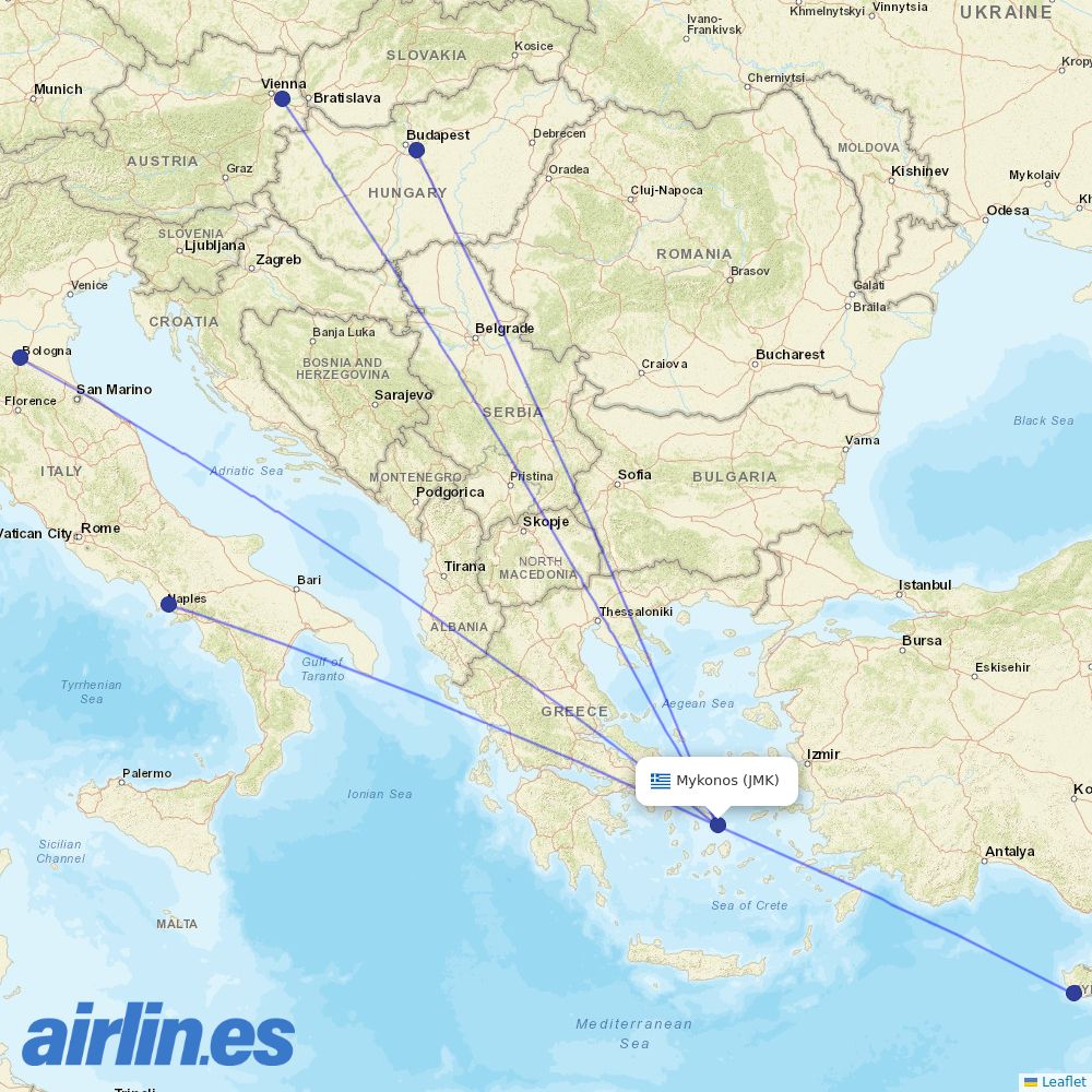 Ryanair from Mykonos Airport destination map