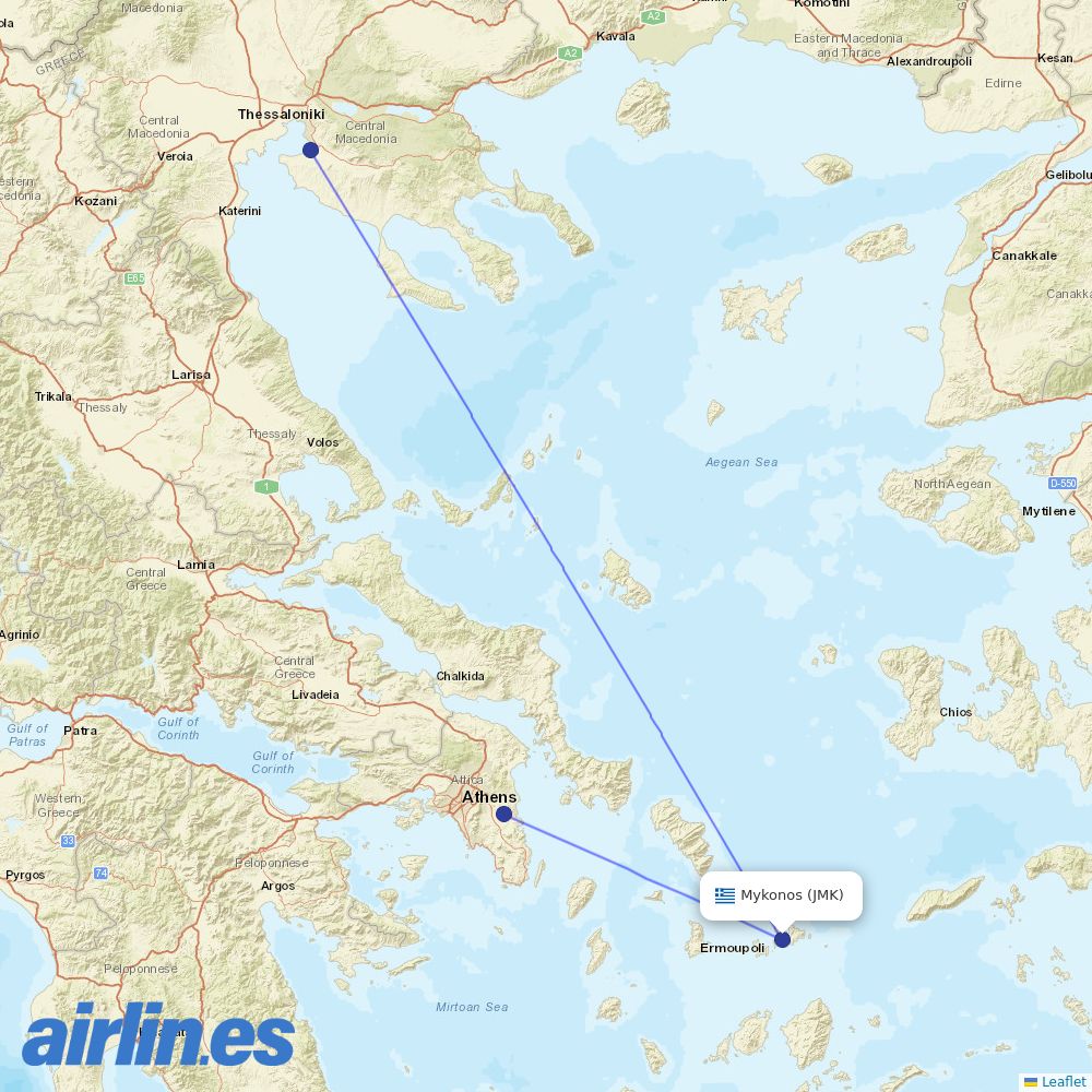 Sky Express from Mykonos Airport destination map