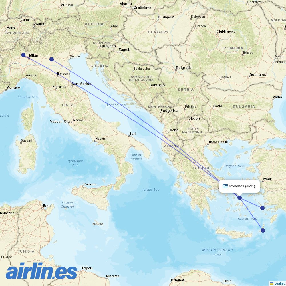 Neos from Mykonos Airport destination map