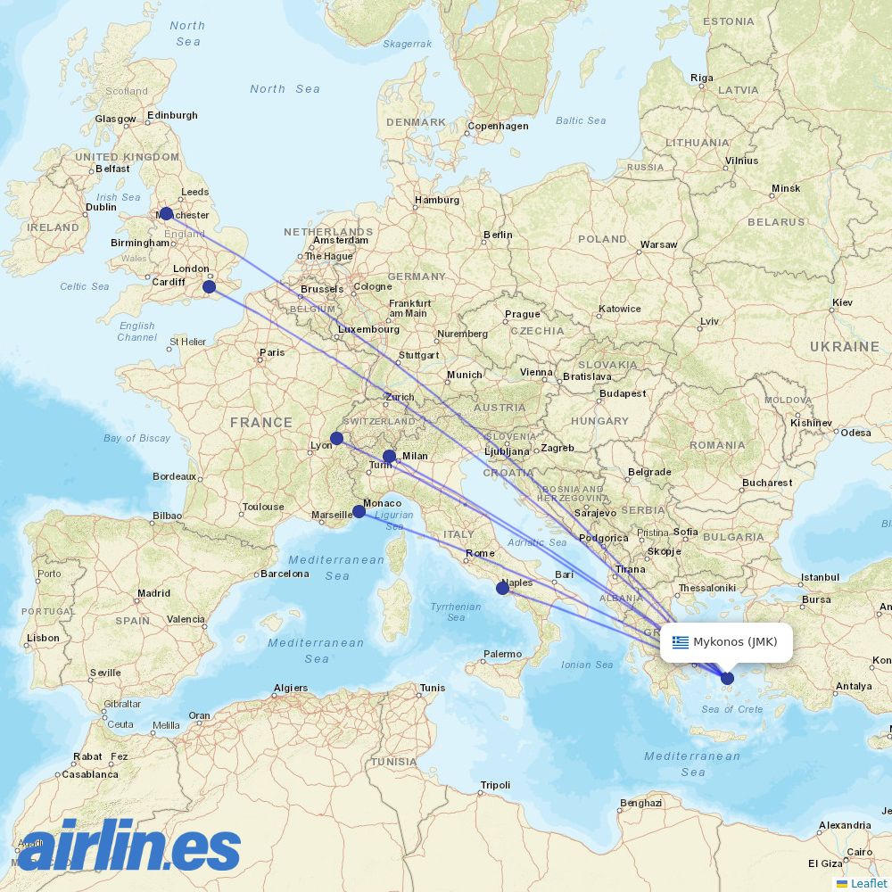 easyJet from Mykonos Airport destination map