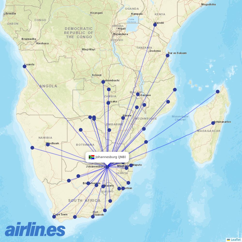 Airlink from Johannesburg International destination map