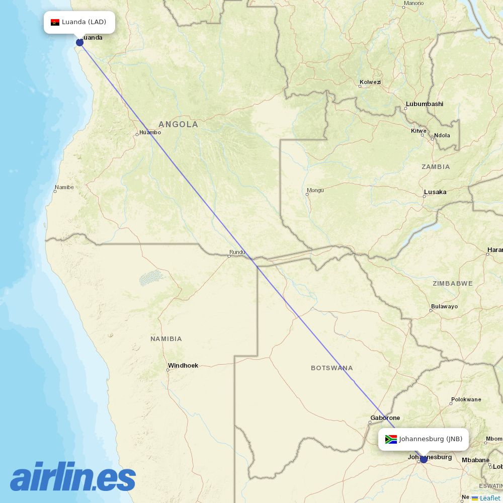 TAAG at JNB route map
