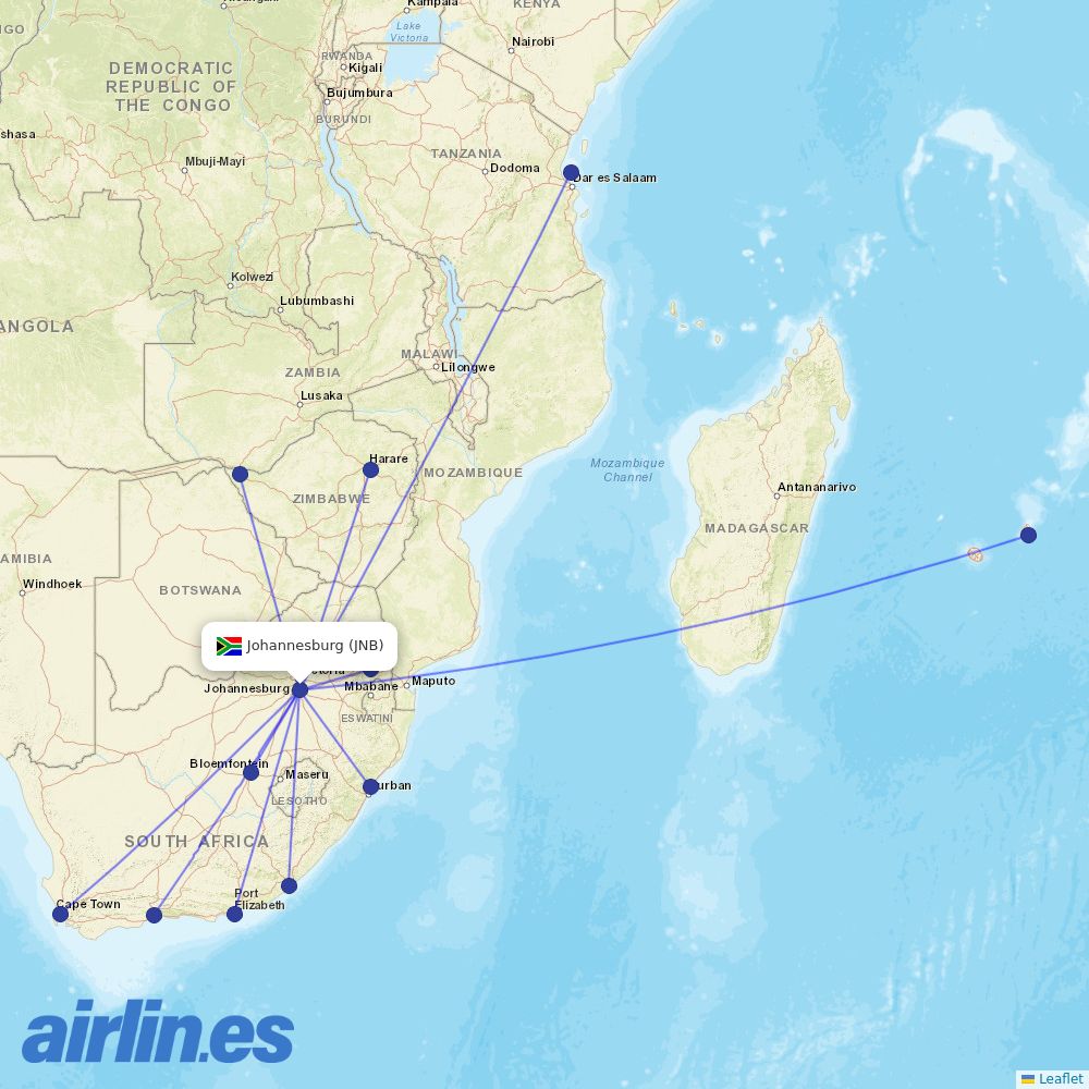 Safair from Johannesburg International destination map
