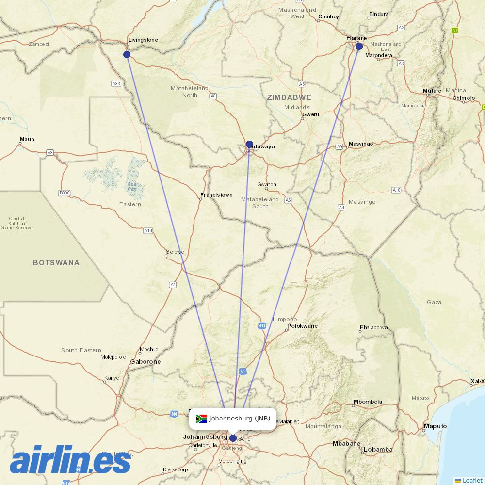 Fastjet at JNB route map