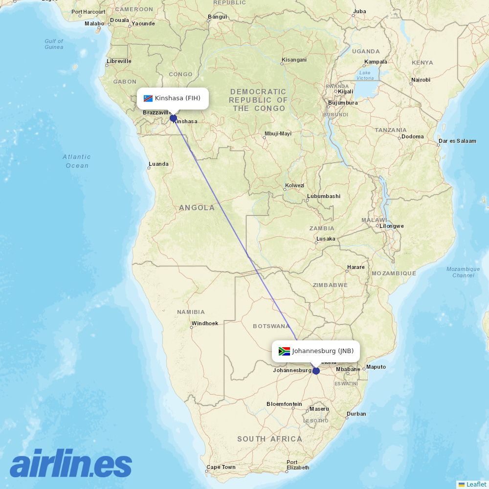Air Cote DIvoire from Johannesburg International destination map