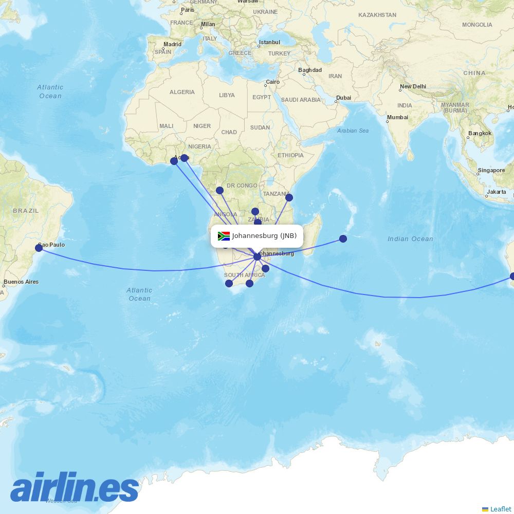 South African Airways from Johannesburg International destination map