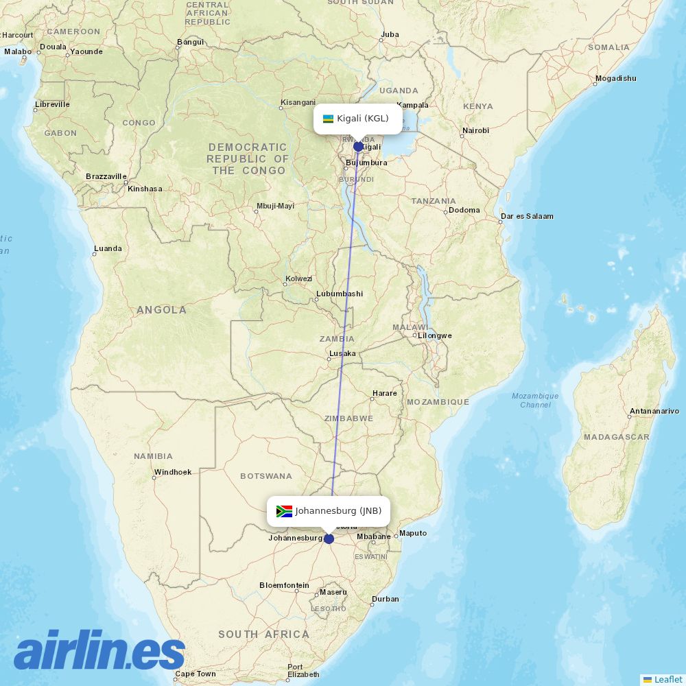 RwandAir at JNB route map
