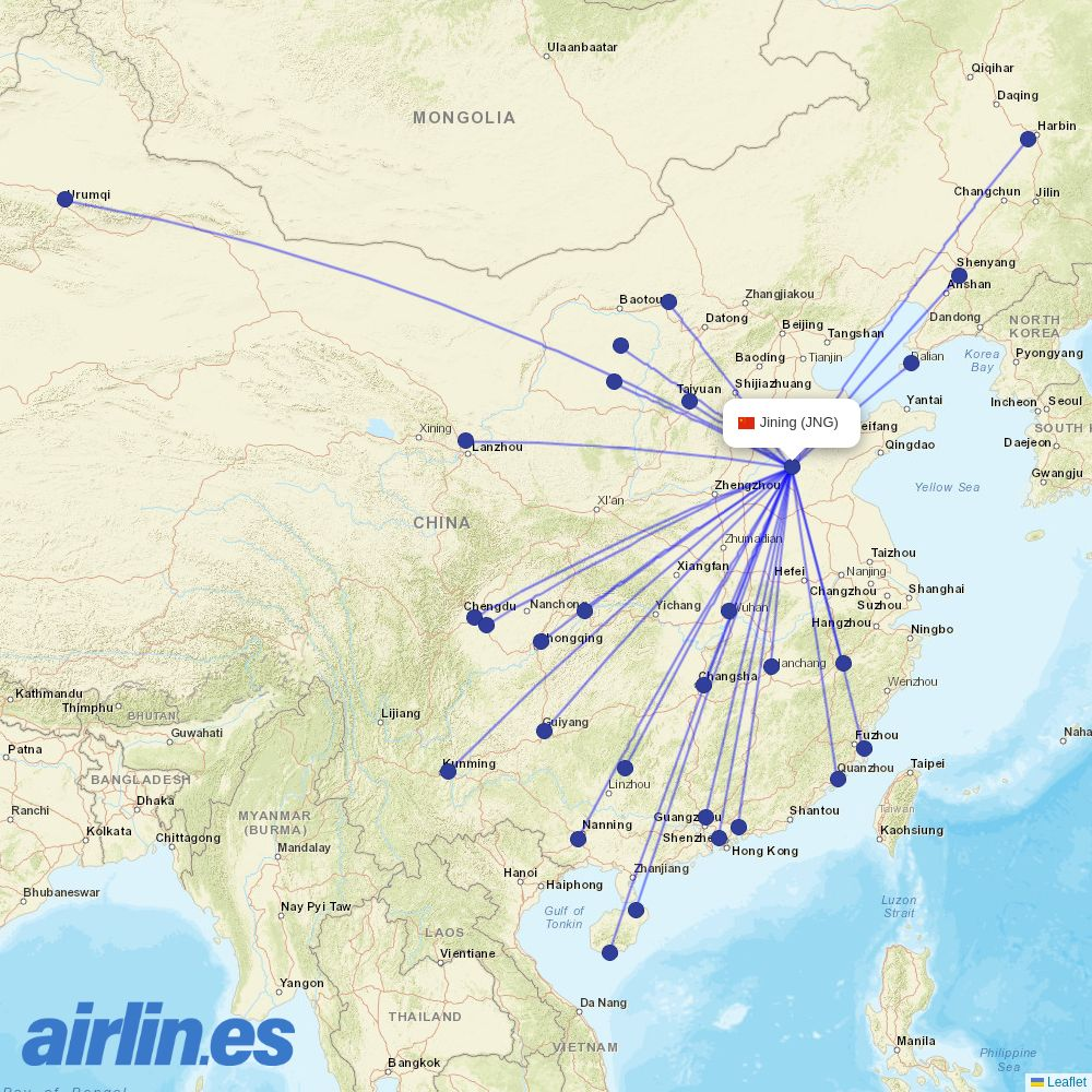 Chengdu Airlines from Jining Da'an Airport destination map