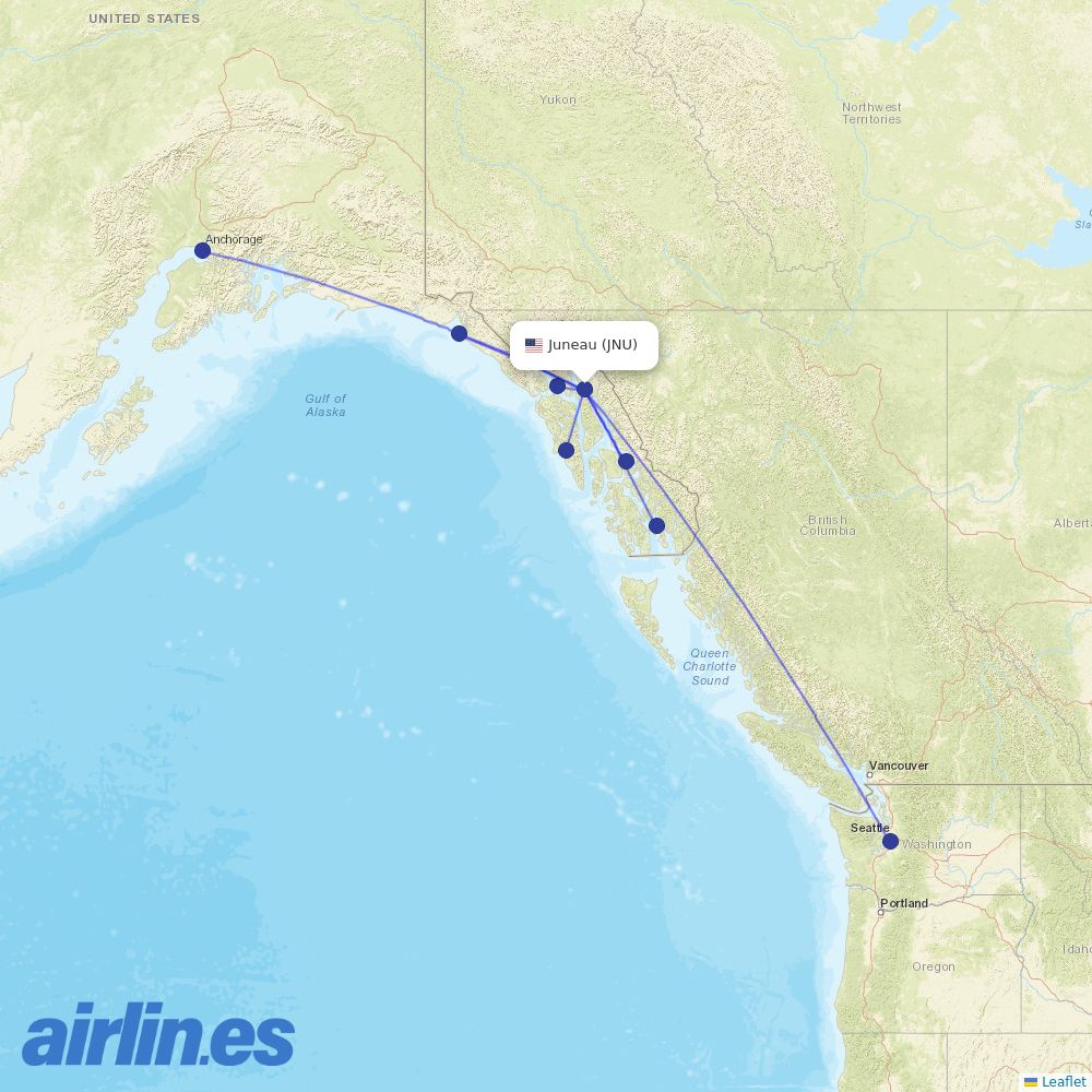Alaska Airlines from Juneau International destination map