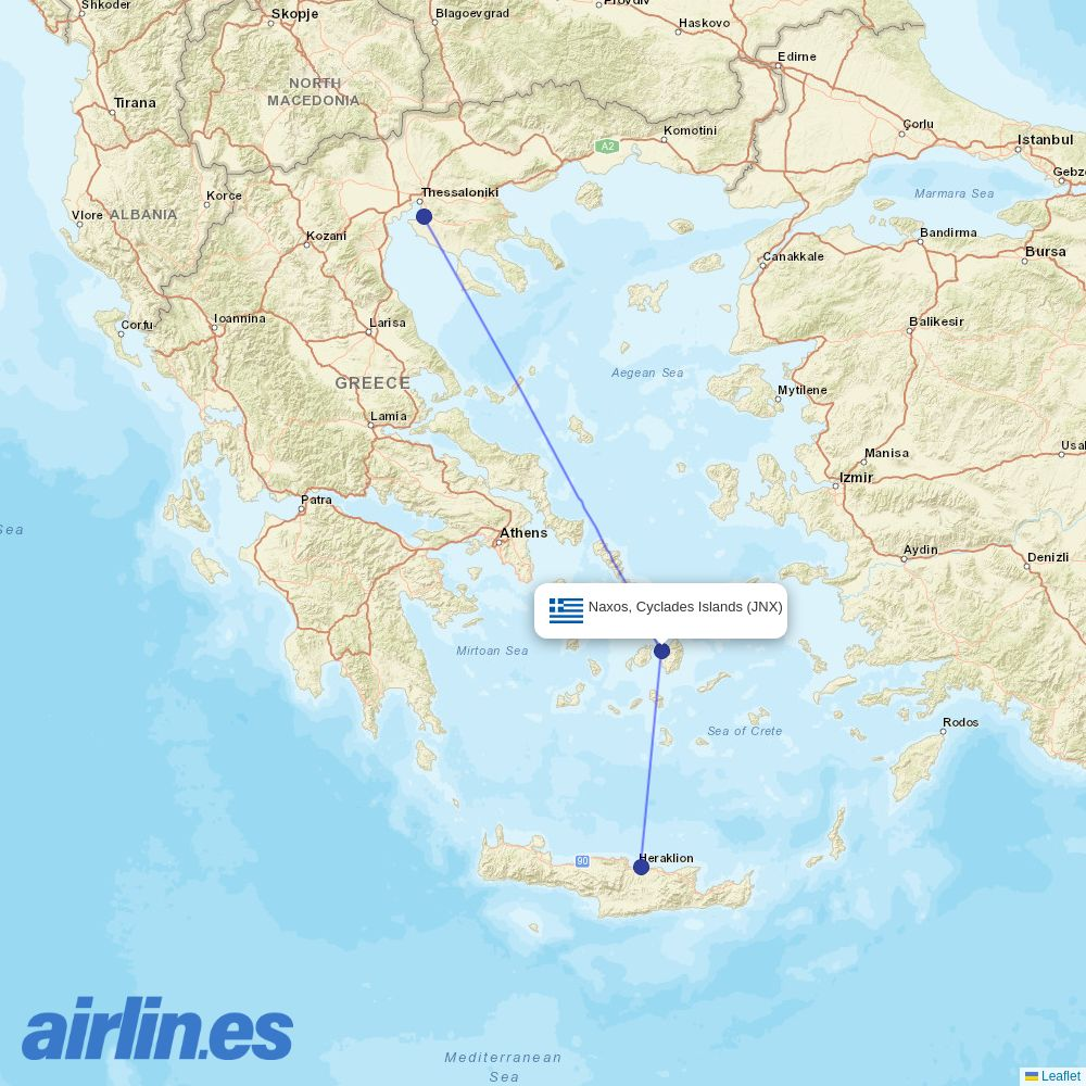 Aegean Airlines from Naxos Airport destination map