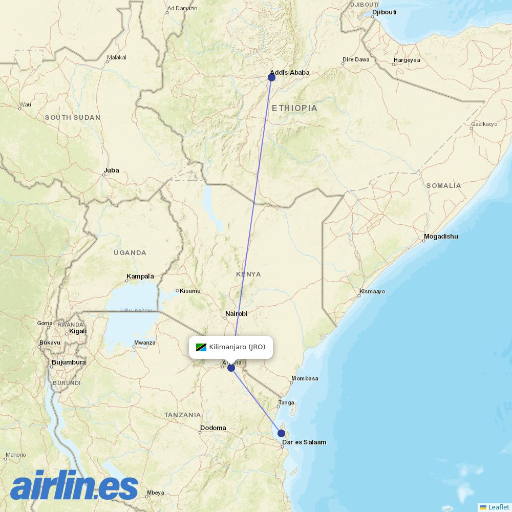 Ethiopian Airlines from Kilimanjaro International destination map