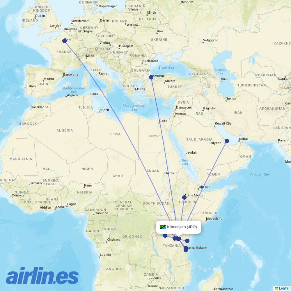 Uganda Airlines from Kilimanjaro International destination map