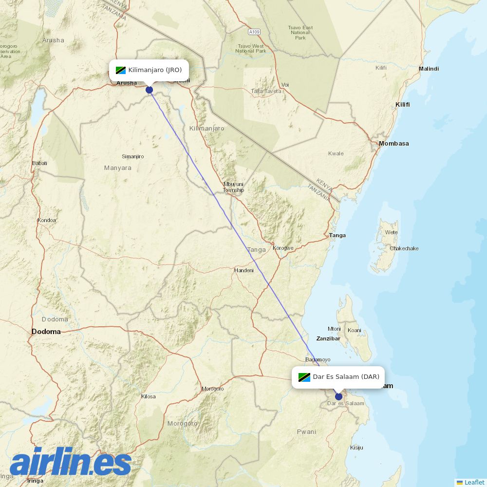 RwandAir from Kilimanjaro International destination map