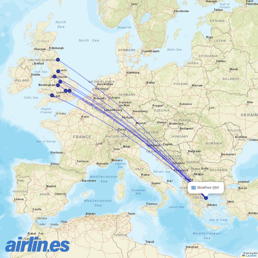 Jet2 from Skiathos Airport destination map