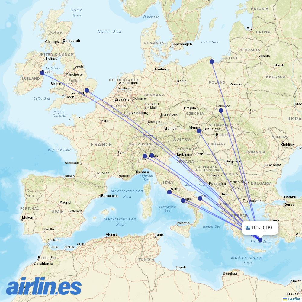 Ryanair from Santorini (Thira) International Airport destination map
