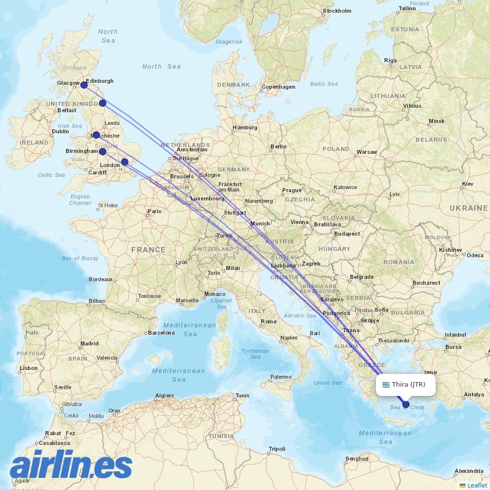 Jet2 from Santorini (Thira) International Airport destination map