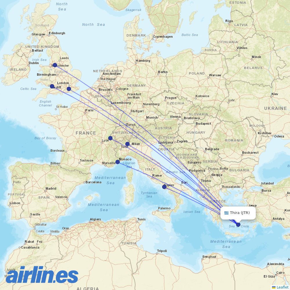 easyJet from Santorini (Thira) International Airport destination map
