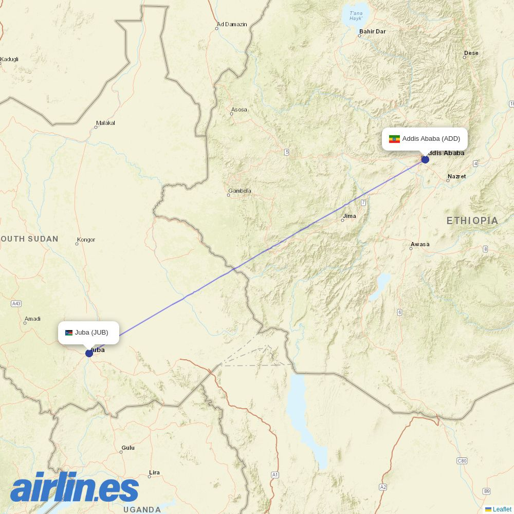 Ethiopian Airlines from Juba destination map