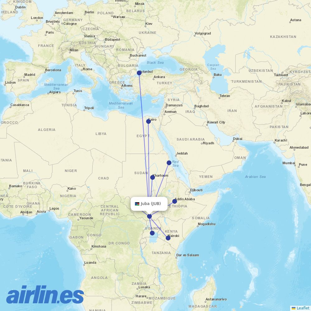 EgyptAir from Juba destination map