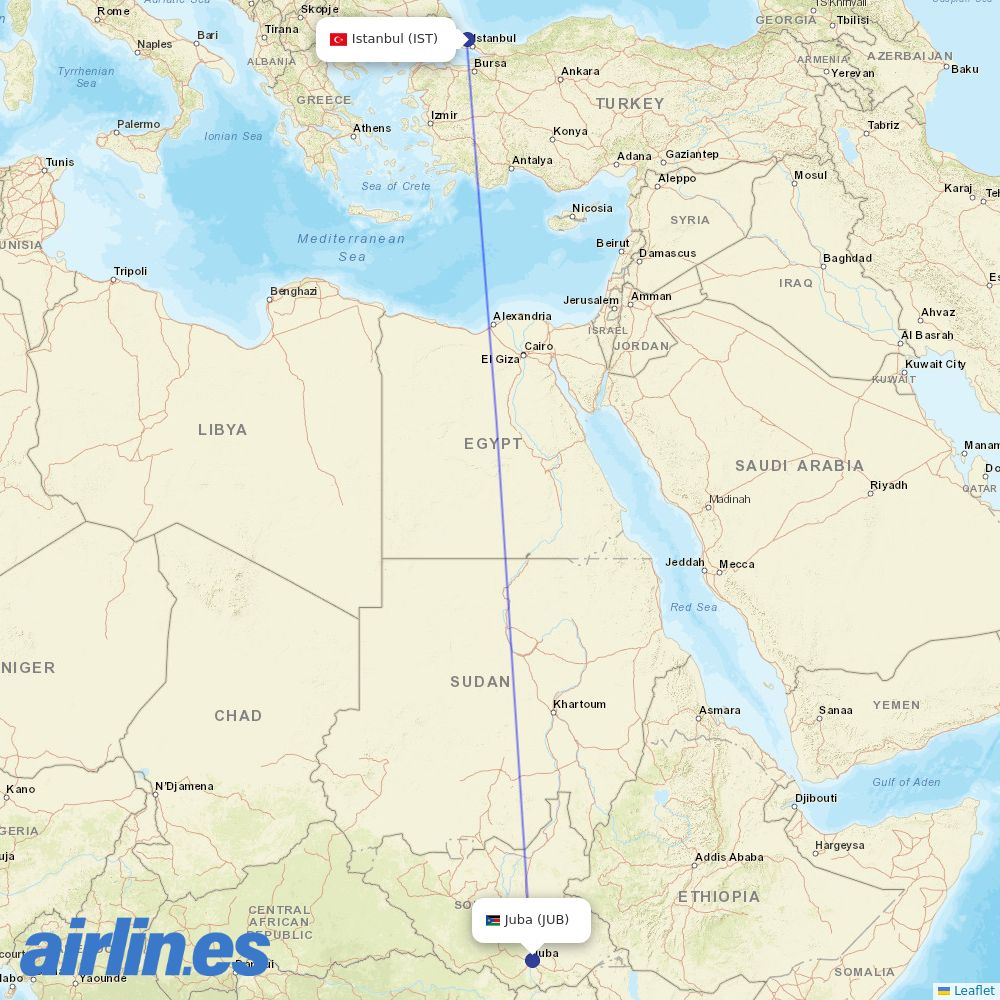 Turkish Airlines from Juba destination map