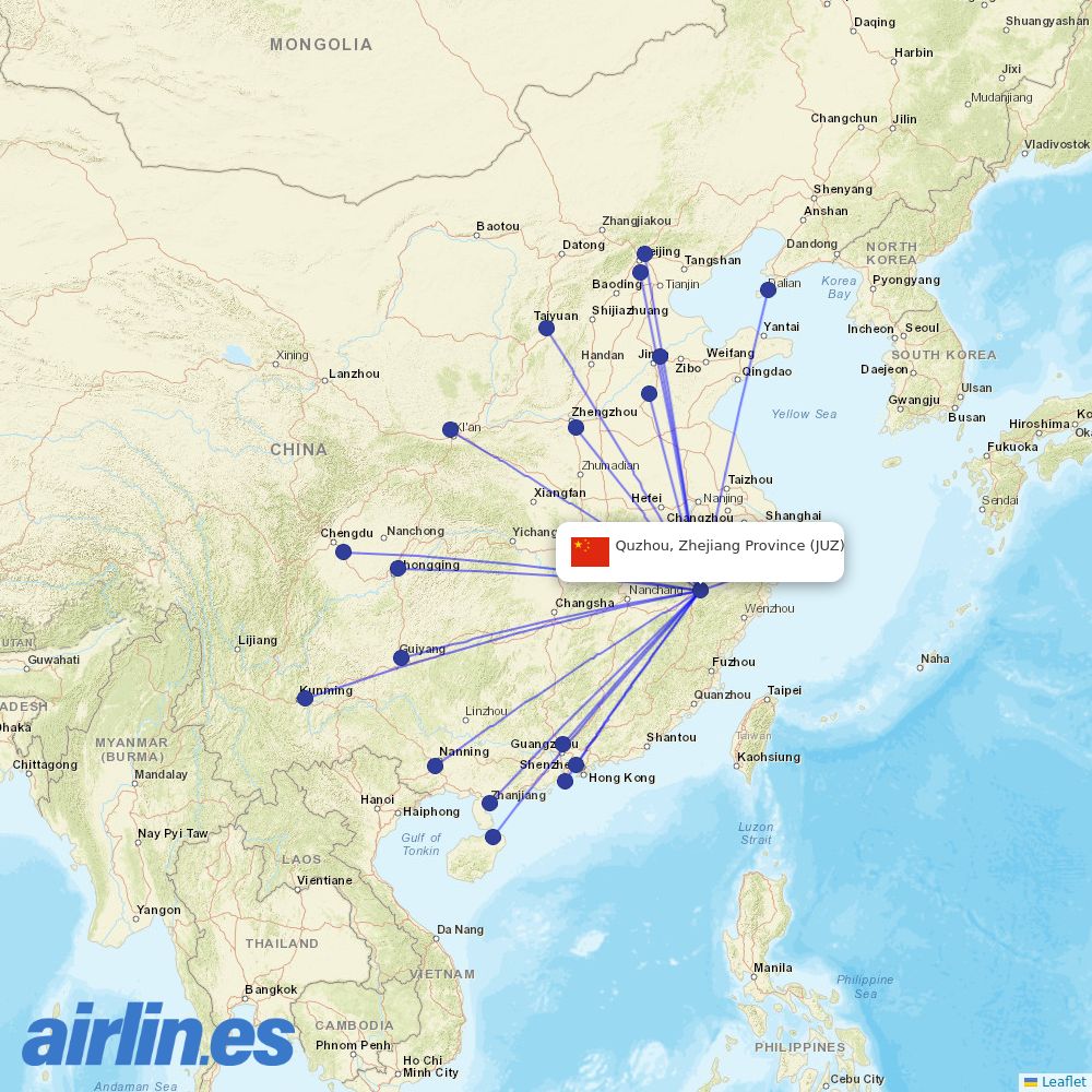 Shandong Airlines from Quzhou Airport destination map