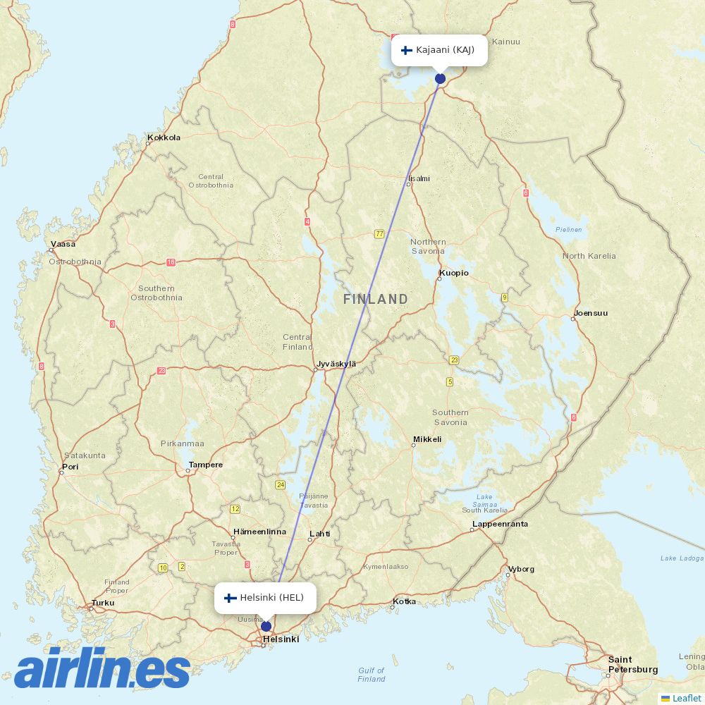 Finnair from Kajaani destination map