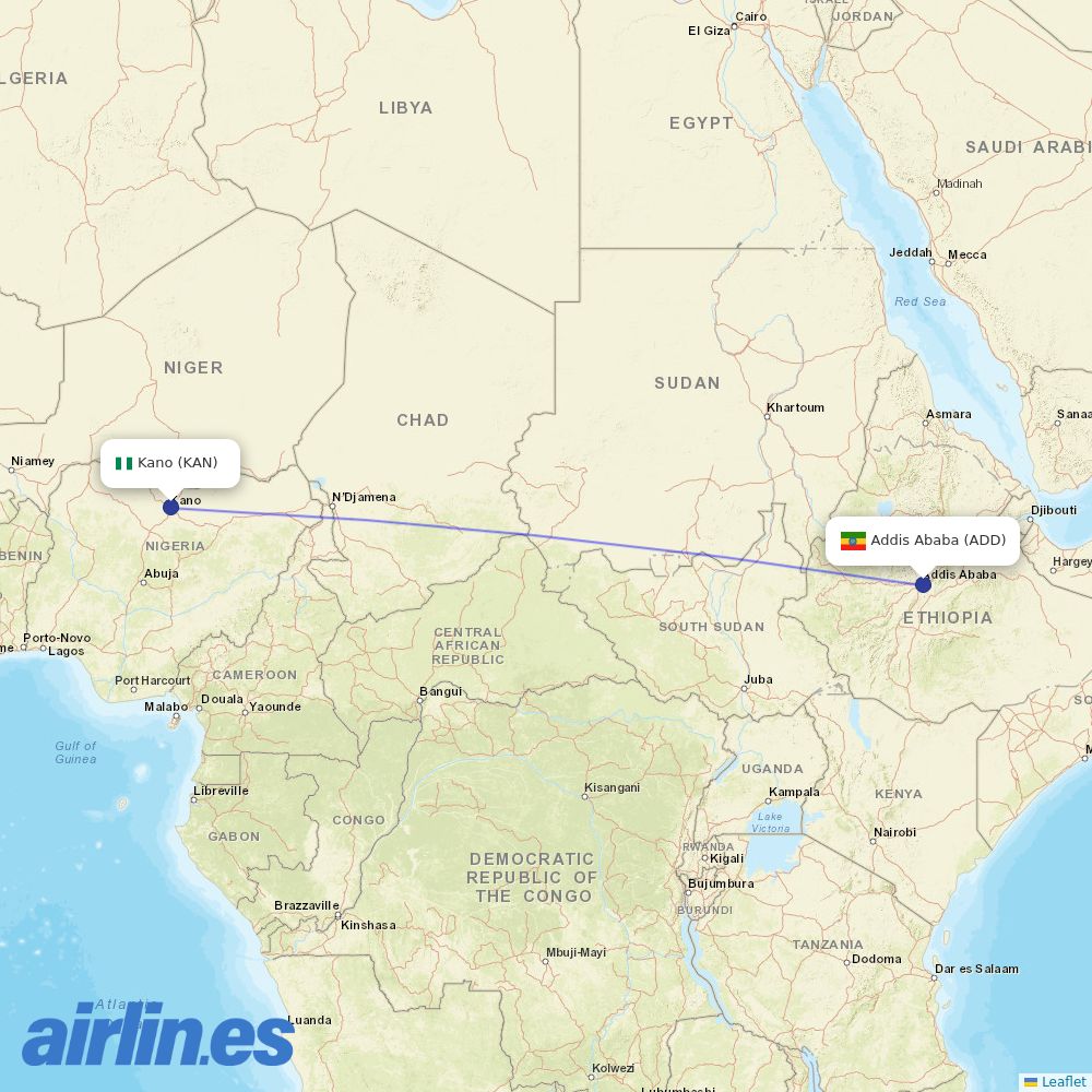 Ethiopian Airlines from Kano Mallam Aminu International destination map