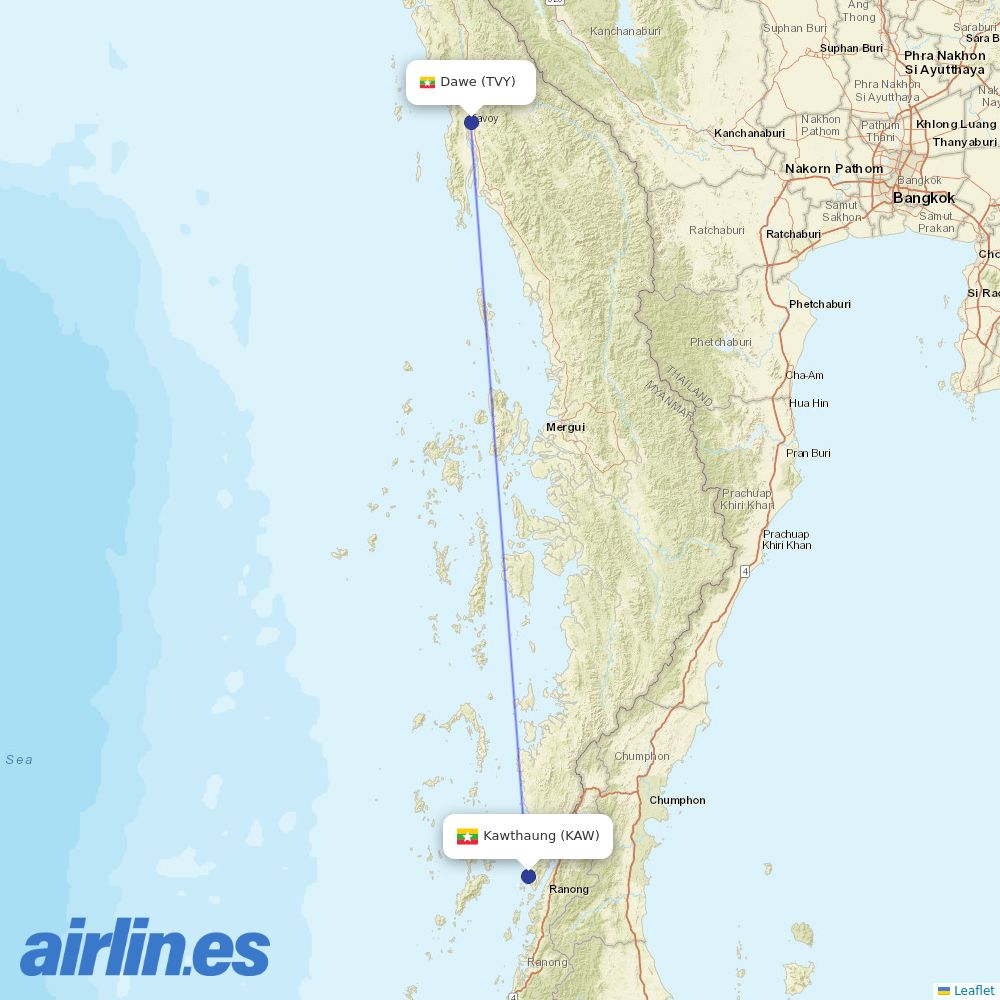 Myanmar Airways International from Kawthoung Airport destination map