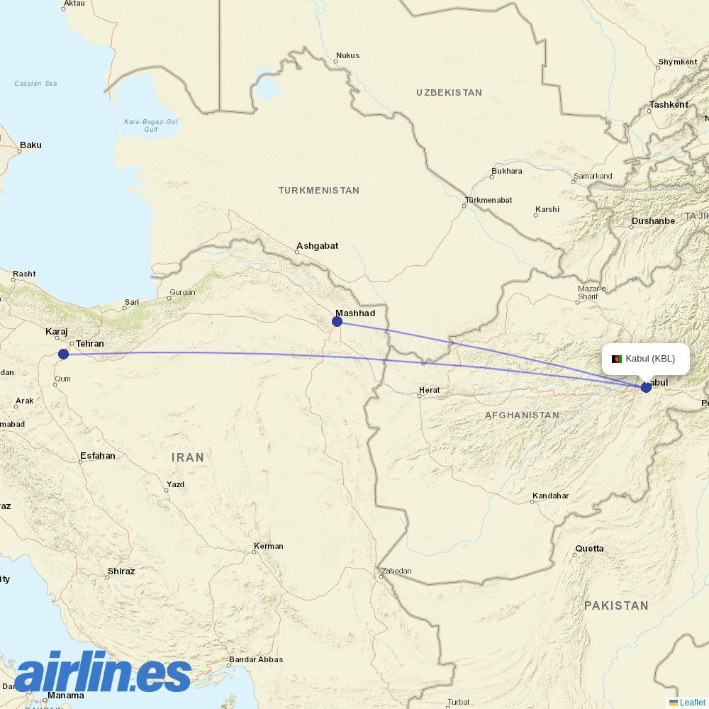 Iran Airtour from Kabul International destination map