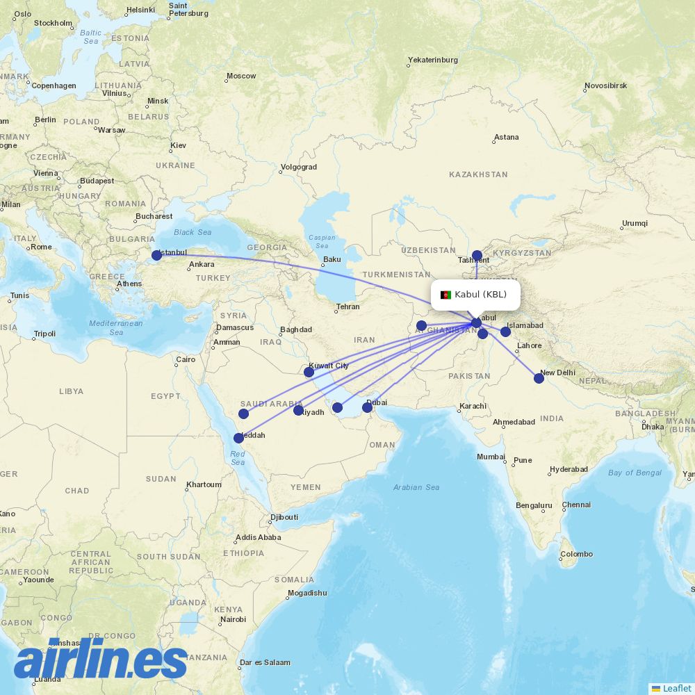 Kam Air from Kabul International destination map