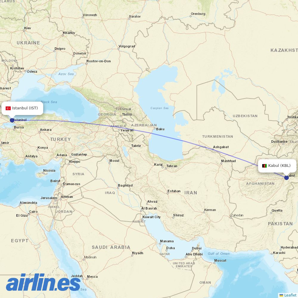 Turkish Airlines from Kabul International destination map