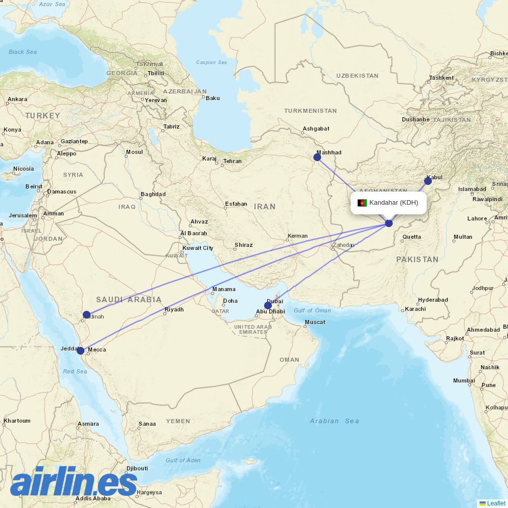 Kam Air from Kandahar destination map