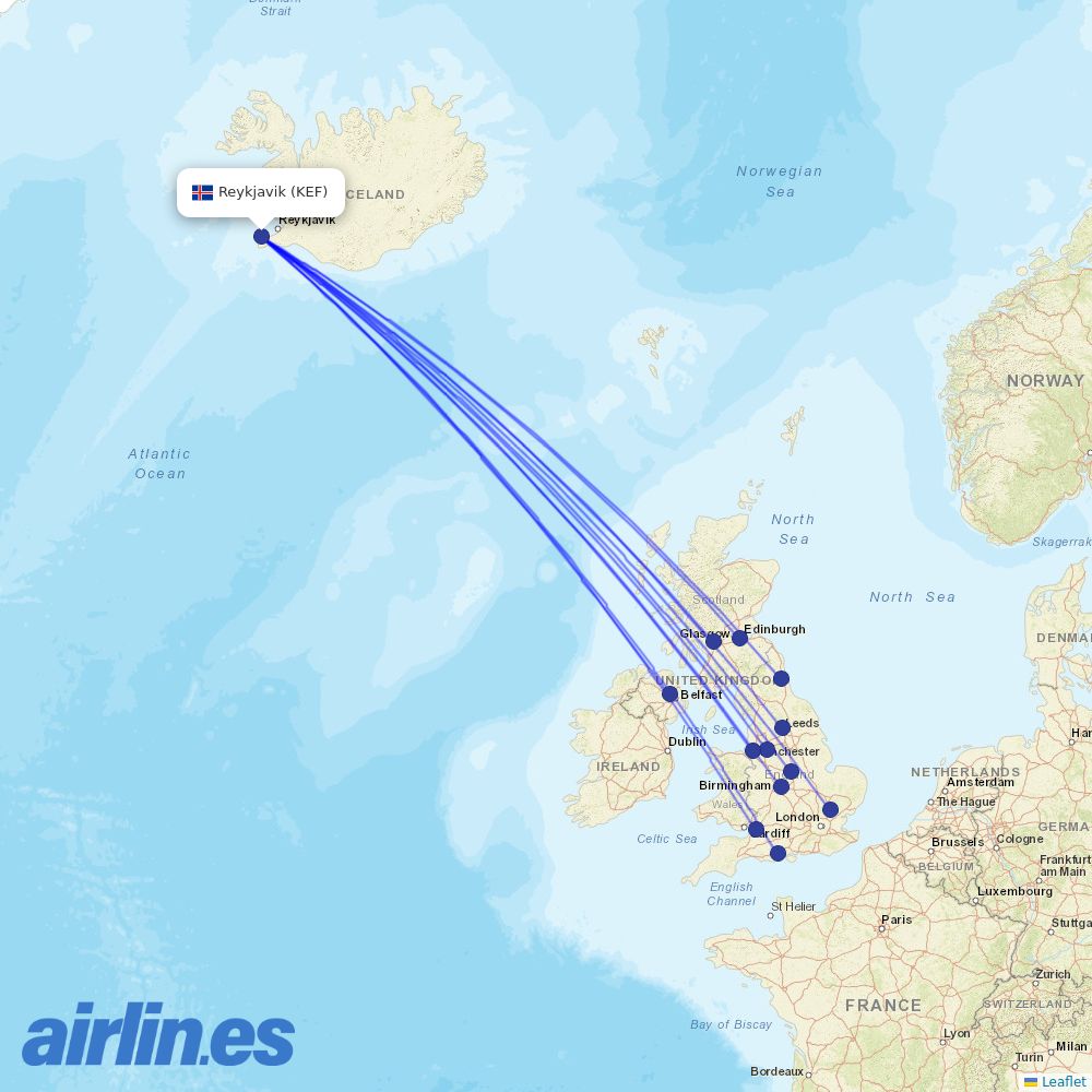 Jet2 from Keflavík International Airport destination map