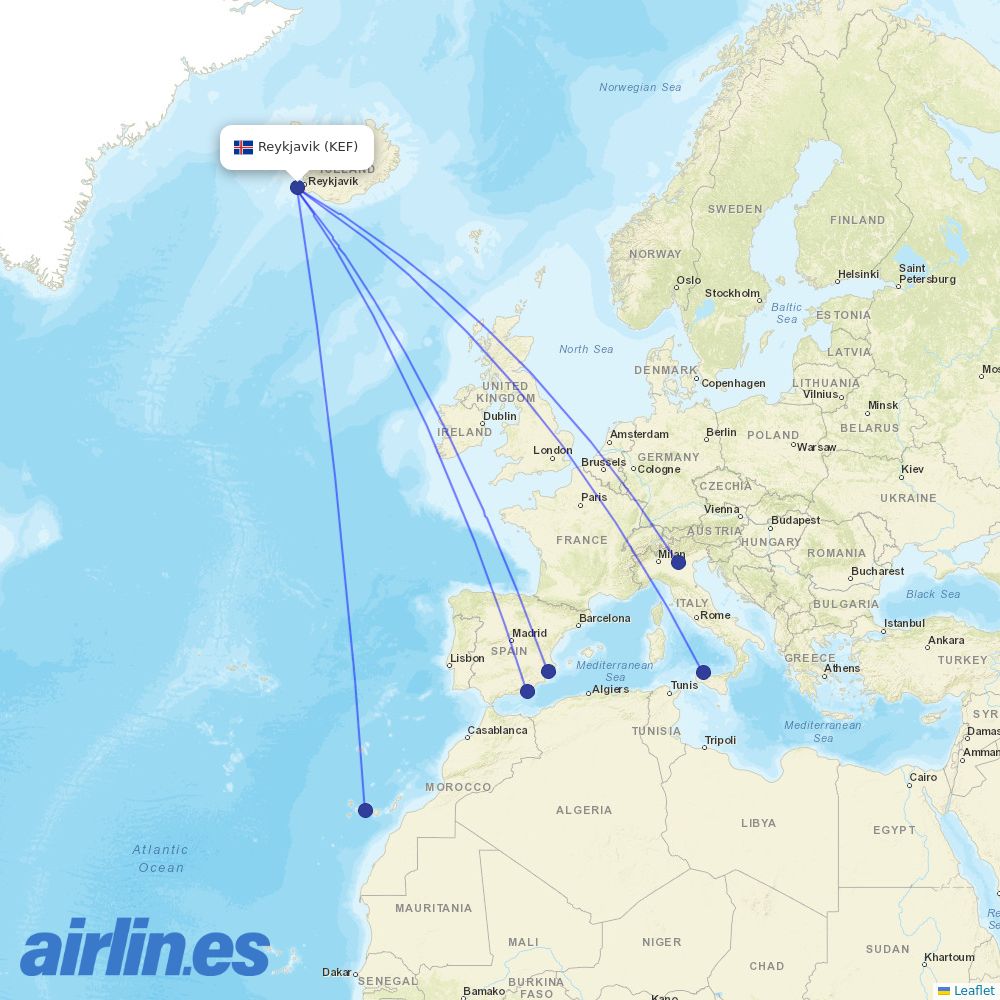 Neos from Keflavík International Airport destination map