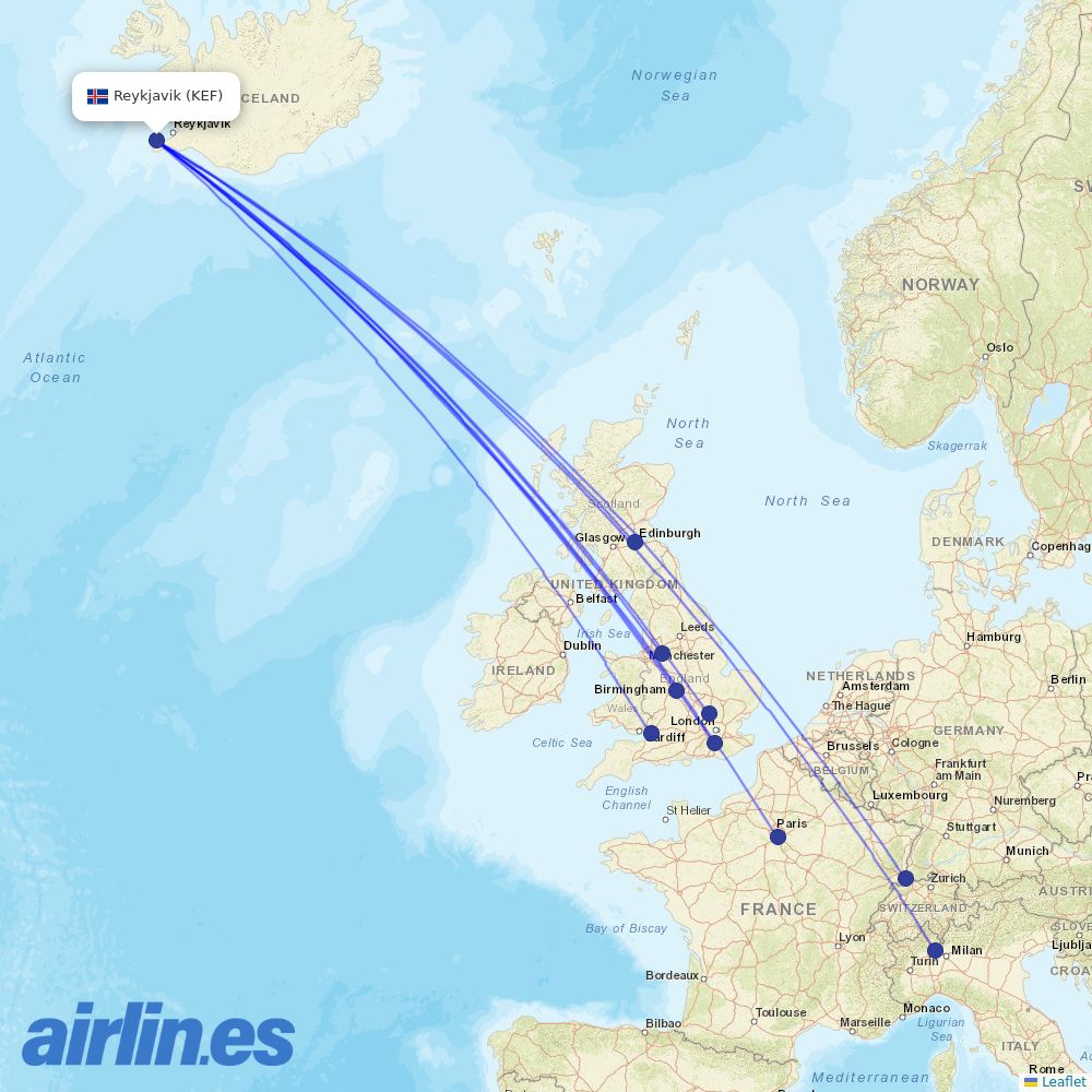 easyJet from Keflavík International Airport destination map