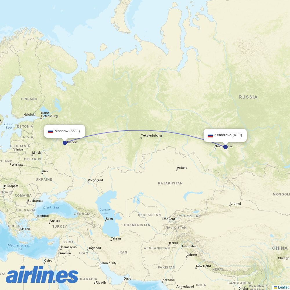 Aeroflot from Kemerovo Airport destination map