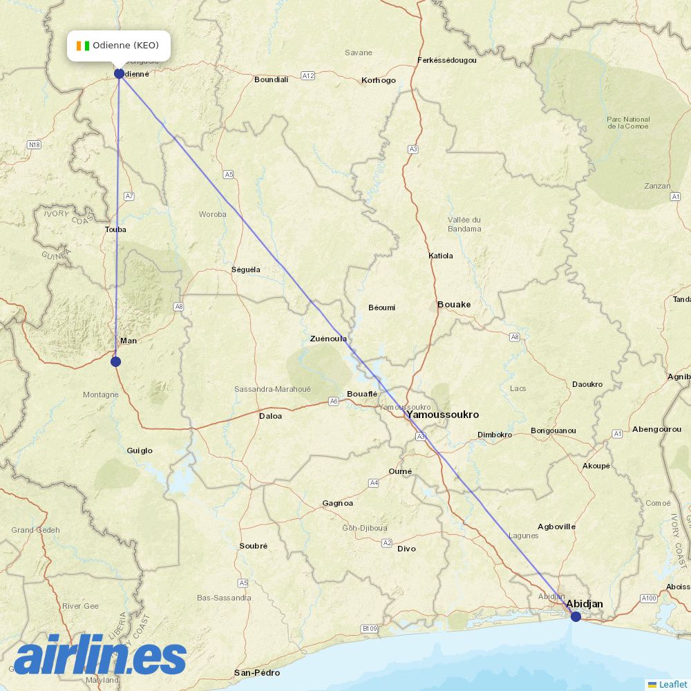 Air Cote DIvoire from Odienne Airport destination map