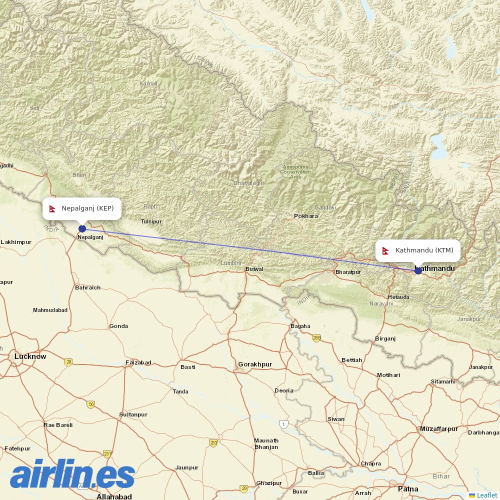 Yeti Airlines from Nepalganj Airport destination map