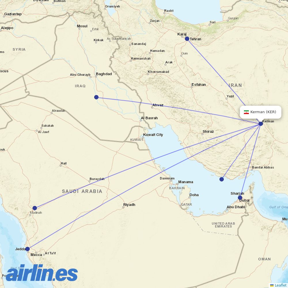 Iran Air from Kerman destination map
