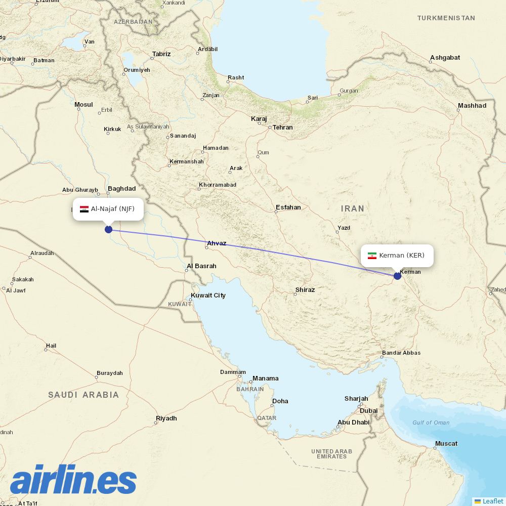 Qeshm Air from Kerman destination map