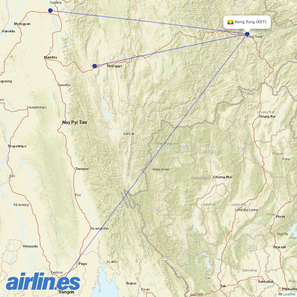 Myanmar National Airlines from Kengtung destination map